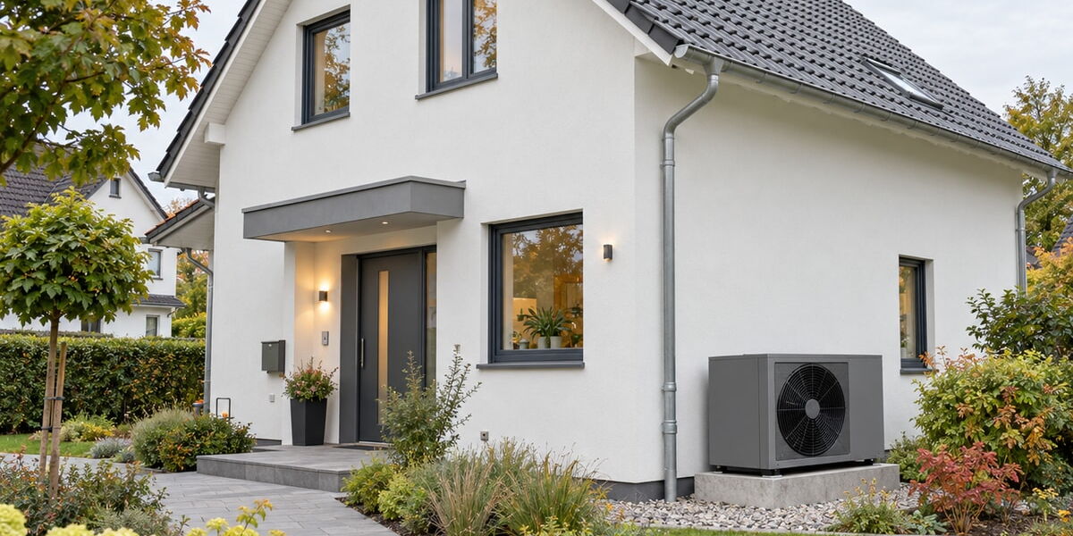 Außengerät einer Wärmepumpe neben einem Einfamilienhaus