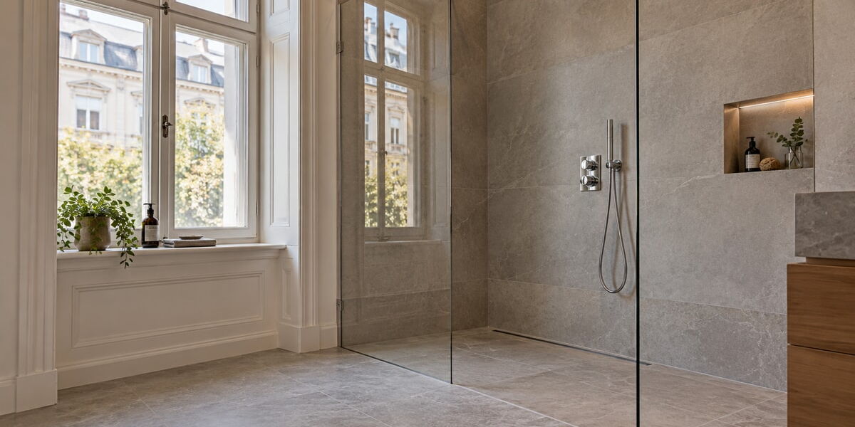 Bodengleiche Dusche mit Glaswand in einem Altbau-Bad