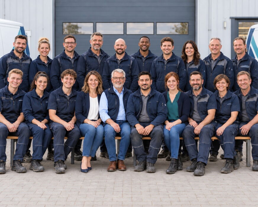 Das Team von Tornado Haustechnik vor dem Firmenwagen