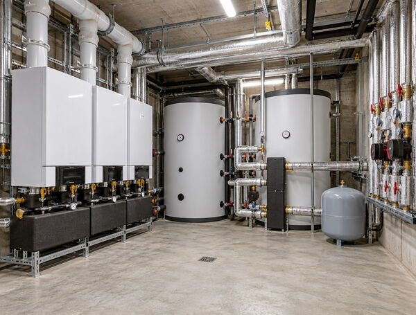 Heizzentrale mit zwei Brennwertkesseln im Keller