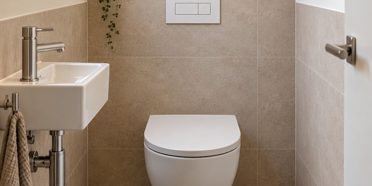 Gäste-WC mit Wand-WC und kleinem Waschtisch
